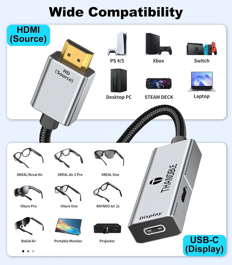 THANDBLE HDMI to USB C Adapter 4K60Hz, Unidirectional HDMI Male (Source) to USB C Female (Display) for Portable Monitor, AR Glasses XREAL One/Air 2 Pro/VITURE Pro/Rokid, PS4/5, Xbox, Switch, ROG Ally - Image 5